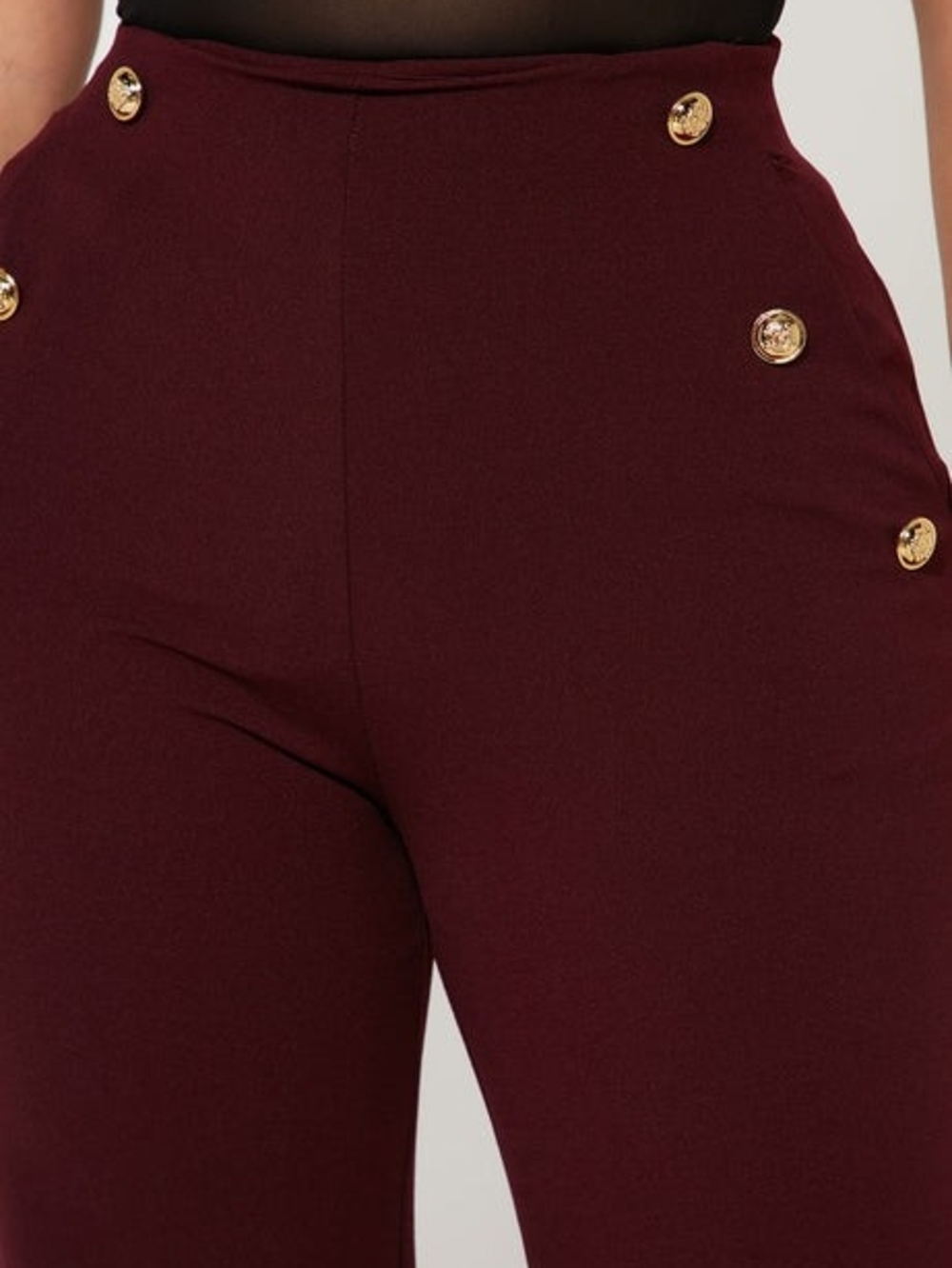 High-Waist Wide-Leg Button-Accent Pants - Burgundy - Picture 3 of 4